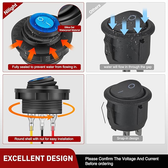 Nilight 5PCS Waterproof Round Rocker Switch w/Wiring Harness Switches Holder 12V 24V Blue LED Lighted On Off Toggle Shell SPST 3Pin for Switch Panel Car RV Trucks Marine Boats