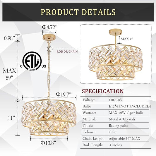CATINER 20'' Modern Gold Crystal Chandelier Luxury Semi Flush Mount Ceiling Light Fixtures 6-Lights Round Crystal Pendant Chandelier for Dining Room Foyer Living Room Bedroom