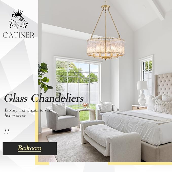 CATINER 20" Crystal Glass Chandelier Modern 6-Light Gold Drum Chandeliers Luxury Ceiling Pendant Lighting for Entryway Foyer Dining Room Bedroom Kitchen