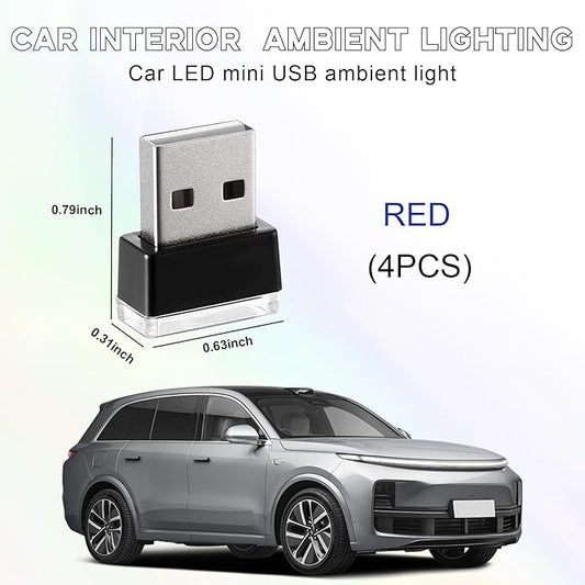 4 PCS USB LED Car Interior Atmosphere Lamp, Portable Mini LED Night Light, Plug-in USB Interface Trunk Ambient Lighting Kit, Universal Interior Car Accessories (Red)