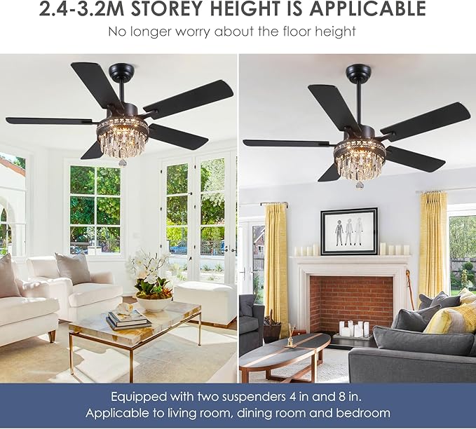 Asyko Crystal Ceiling Fan Fandelier with Lights - 46" Outdoor Fans with Remote Control,Crystal Ceiling Fans Noiseless DC Motor, Retro/Farmhouse Lighting, Dining Room,Living Room