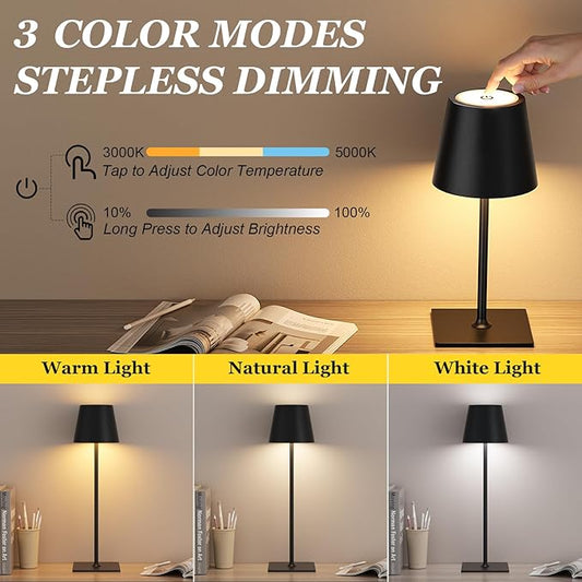 Kakanuo Cordless Rechargeable Table Lamp Black 5000mAh Battery Operated Lamps, 3 Colors Stepless Dimming Touch Lamp for Living Room, Kitchen Counter, Dining, Outdoor Patio, 2 Pack