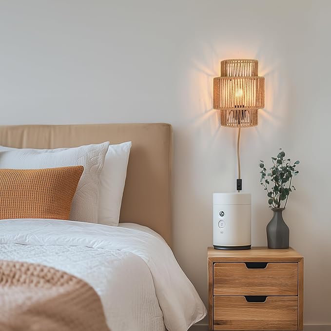 Plug-in Wall Sconces Set of 2, Handwoven Bohemian Wall Decor with Switch, Wall Lights Fixtures for Bedroom Living Room Hallway Porch
