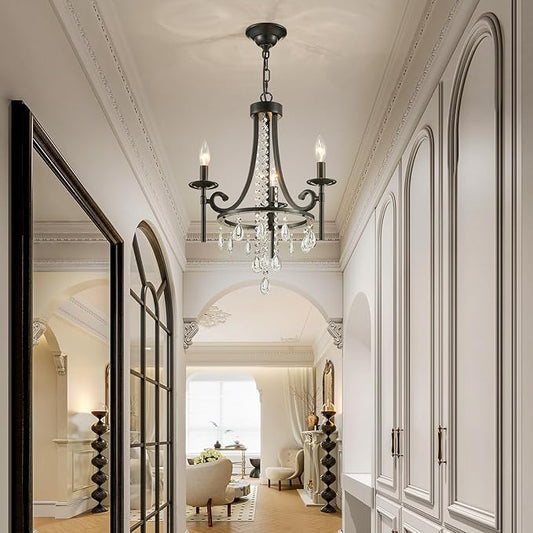 Small Crystal Chandelier, 3-Lights Modern Black Chandeliers for Dinning Room, Wagon Wheel Black Chandelier, Farmhouse Hanging Pendant Light Fixture for Bedroom Hallway Entryway Bar Kitchen Bathroom