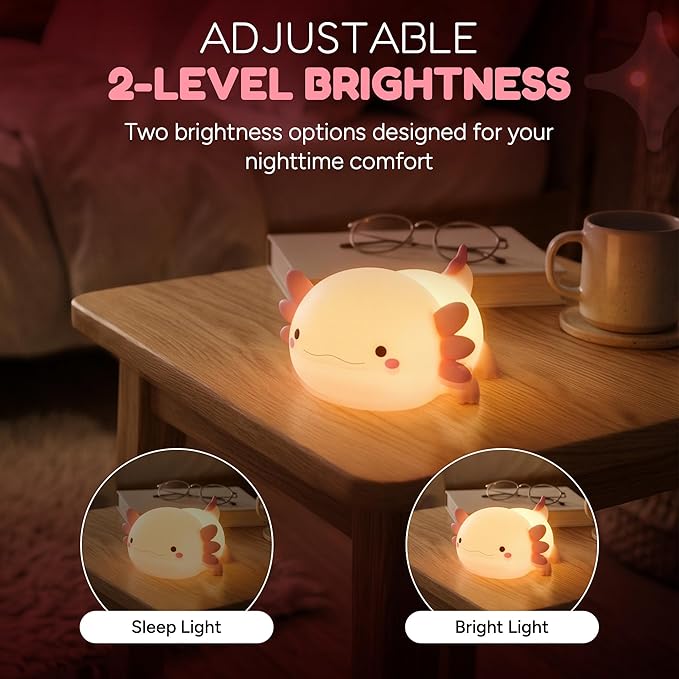 Cute Axolotl Night Light for Kids, Silicone Baby Nursery Night Light, Rechargeable Touch Lamp with Timer & Dimmable Warm Light for Bedroom Decor, Cute Animal Lamp