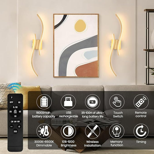 CANEOE Battery Operated Wall Sconces with Remote Control, Rechargeable Dimmable Touch Wall Sconces Set of Two, 3000K-6500K LED Wireless Wall Light for Living Room Bedroom Hallway,31.5inch(Gold)