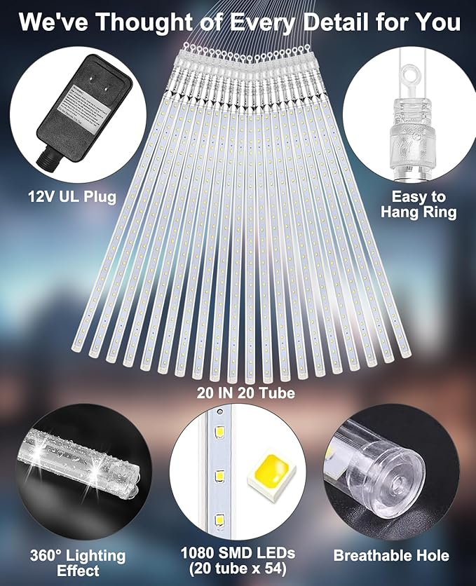 UL Certified Meteor Shower Lights Outdoor, 20 Tubes 1080 LED Falling Rain Drop Icicle Lights, 20 Inch Cascading Snowfall String Lights for Christmas Tree, Holiday Wedding Party Garden Decor, White
