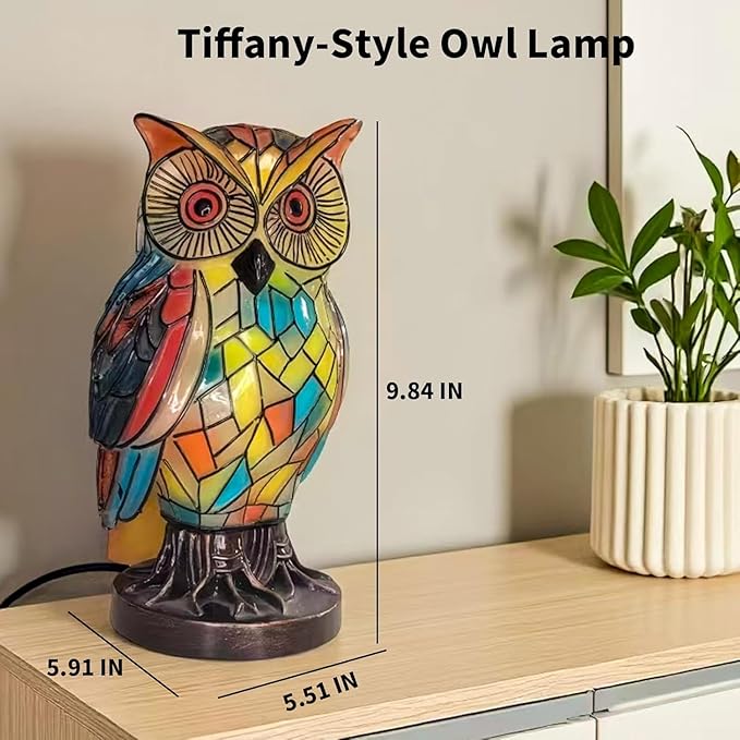 Owl Lamp Tiffany Style Stained Vintage Resin Colorful Tiffany Owl Table Lamps for Bedroom Living Room Nursery Office, Whimsical Animal Desk Lamp, Birthday Gifts for Girl Mother Grandmother Woman.