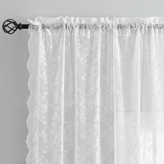 FINECITY White Lace Curtains 63 Inch Length for Bedroom, Rustic Leaf Floral Design Lace Curtain Panels, Rod Pocket Farmhouse Privacy Sheer Lace Curtains, 42 x 63 Inch, 2 Panels, White