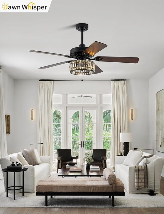Dawn Whisper 52 Inch Black Chandelier Ceiling Fans Quiet and Reversible DC Motor Modern Ceiling Fans with Lights for Bedroom Living Room