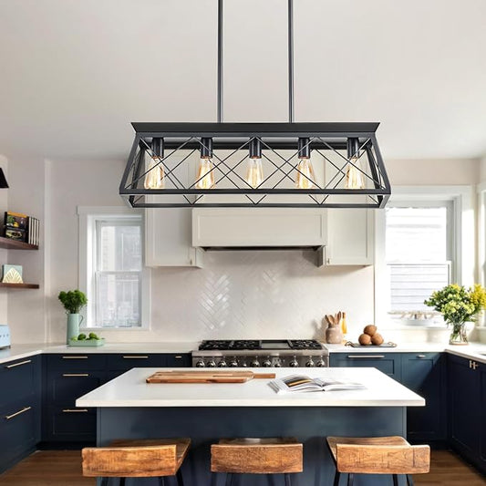 5-Light Farmhouse Pendant Light for Dining Room, Rustic Kitchen Island Lighting, Adjustable Height Chandeliers for Kitchen, Dining Room Table Black