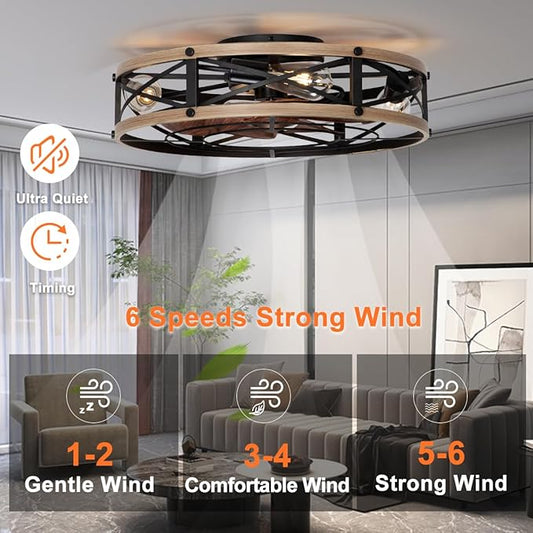 SHLUCE 22" Low Profile Caged Ceiling Fan with Light, Farmhouse Flush Mount Bladeless Ceiling Fans with Lights and Remote, Rustic Fandelier Ceiling Fan with Light for Kitchen, Bedroom - ETL