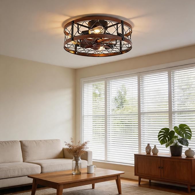 REDSTAR Flush Mount Caged Ceiling Fan with Lights, 20" Small Bladeless Ceiling Fans with Remote, Rustic Low Profile Ceiling Fans Quiet Reversible Enclosed Ceiling Fan for Bedroom Kitchen Farmhouse