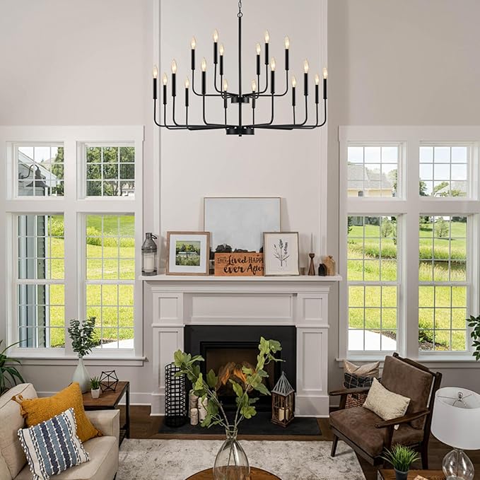 Black Chandeliers for Dining Room Light Fixture Over Table, Modern Farmhouse Chandeliers for Living Room,18-Lights Industrial Metal 2-Tier Candle Lighting Fixtures for Entryway Kitchen Island Foyer