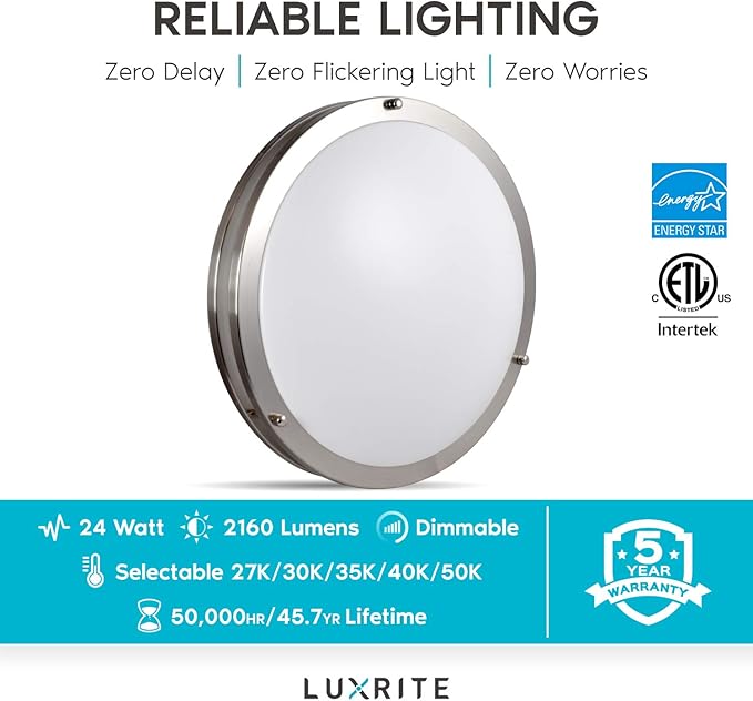 LUXRITE 18 Inch LED Flush Mount Ceiling Light, CCT Color Temperature Selectable 2700K | 3000K | 3500K | 4000K | 5000K, Dimmable Ceiling Light Fixture, 24W, 2160 Lumens, Energy Star, ETL Listed