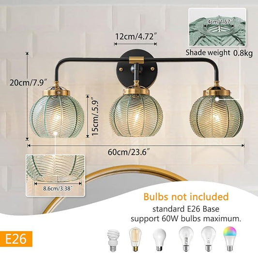 3-Light Bathroom Vanity Lights Vintage Bathroom Sconce Lights with Green Ribbed Glass Shade Mid Century Modern Light Fixture Art Deco Wall Lamp Mirror Over Vanity Light fixtures
