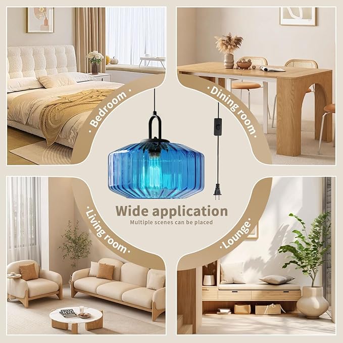 Plug in Hanging Lamp Blue Striped Glass Shade Modern Pendant Light with Plug in Cord Mid Century Pendant Light Fixture Plug in Chandelier Swag Ceiling Lamp for Living Room Bedroom