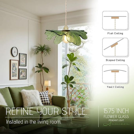 15.7" Green Glass Floral Ceiling Pendant Light Mid Century Large Hanging Light Gold Adjustable Cord Single Pendant for Kitchen Living Room Dining Table, Flower Petal Lighting