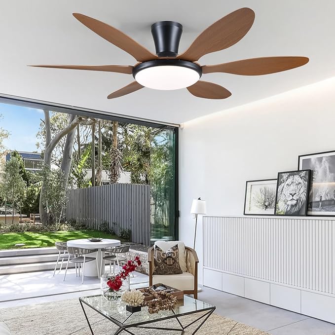 Ceiling Fans with Lights, 51 inch Modern Low Profile Ceiling Fan with Light and Remote App Control, Flush Mount, Quiet DC Reversible, Dim Led Ceiling Fan 6 Blade Softer Wind Indoor/Outdoor Patio Brown