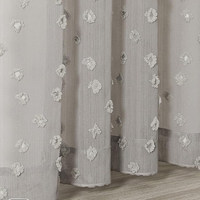 MYSKY HOME Grey Sheer Short Curtains for Kitchen 54 inch Long with Pom Pom Small Windows Bedroom Nursery Kids Girls Room Curtains Cafe Light Filtering Boho Drapes, Rod Pocket,52" Wide, 2 Panels