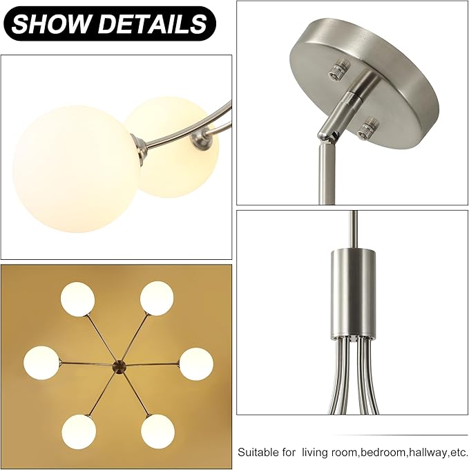 CNRATYE 6-Light Brushed Nickel Chandelier, Modern Dining Room Light Fixture Hanging, Sputnik Chandelier for Living Room Kitchen Island Bedroom Entryway, Milk White Globe Glass Shade