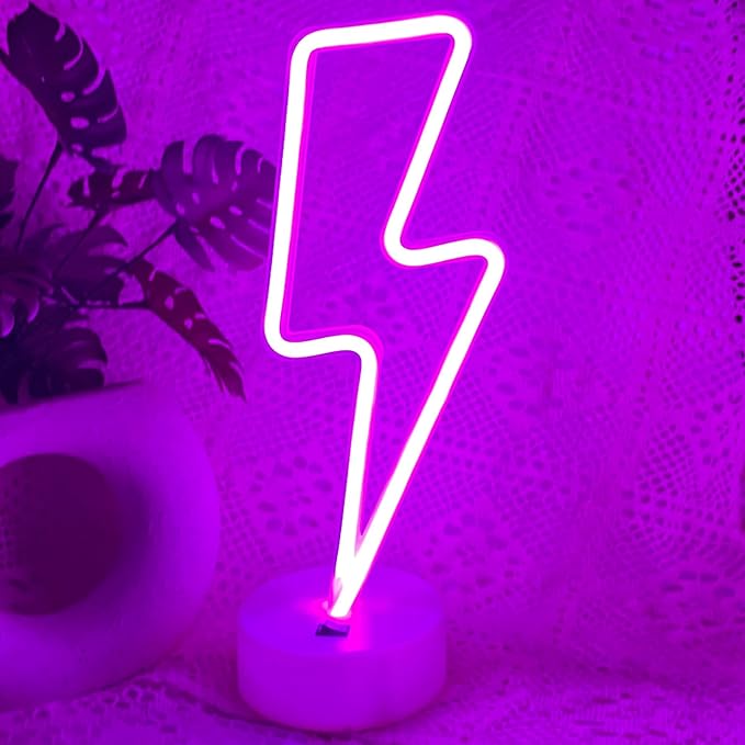 Lightning Bolt Neon Sign Purple With Base for Bedroom, USB/Battery Thunder Lamp Night Light, LED Shaped Decor for Desk Table Game Room Man Cave