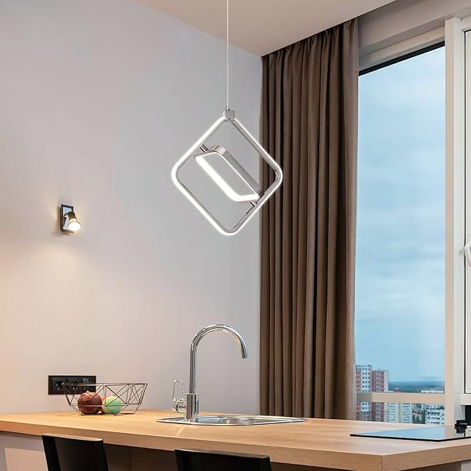 Modern LED Chandelier Chrome Rectangular Pendant Light Fixtures 4000K 20W Dimmable Height Adjustable Pendant Lighting for Dining Room Kitchen Island Bedroom Living Room Foyer(2-Pack)