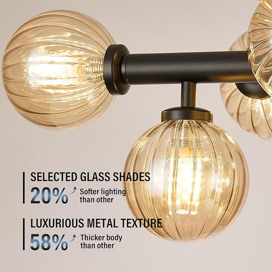16-Light Globe Sputnik Chandelier, Linear Dining Room Light Fixture Over Table, Mid Century Modern Black Chandeliers for Dining Living Room, Kitchen Island Lighting (Amber Bubble, 40 Inch)