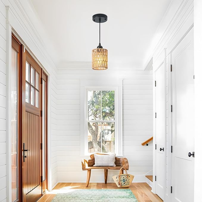 Rattan Chandelier Pendant Lights Kitchen Island,Farmhouse Boho Chandeliers Adjustable Height Hanging lamp for Dining Room,Small Kitchen Ceiling Light Fixtures with Hand Woven Wicker Lampshade