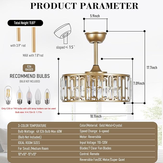 18.2" Crystal Caged Ceiling Fan with Light 4-Light Modern Fandelier Lighting Gold Ceiling Fan with Lights Reversible Remote Ceiling Fan Chandelier for Bedroom Living Room Dining Room Kitchen