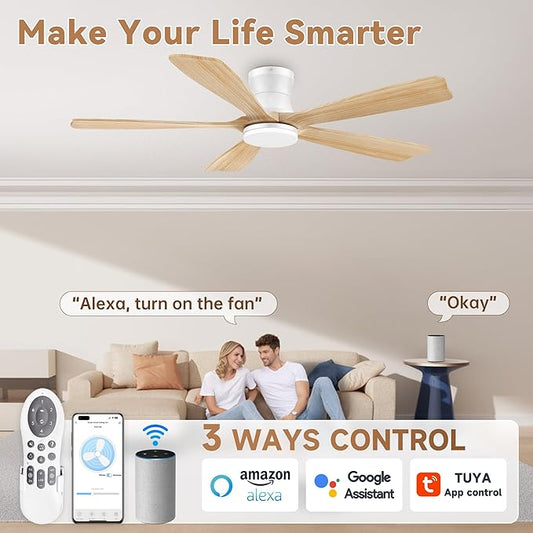 GentleBreeze 52In Wood Smart Low Profile Ceiling Fans with Lights Remote,Control via WIFI Alexa Google App,6 Speed,Quiet DC Motor,Flush Mount Outdoor Indoor Ceiling Fan for Modern Bedroom Patio Porch