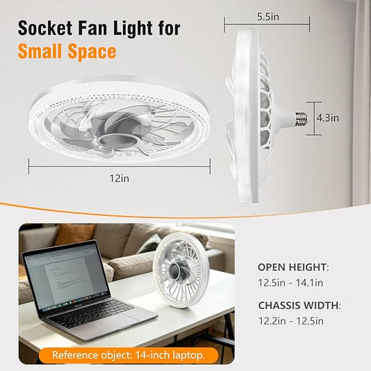 Deyagoo Ceiling Fan Light, 12-inch Socket Fan Light with Remote Control, 3 Colors (3000K-6500K) Dimmable LED Light Bulb, Screw-in Ceiling Fan for Bedroom, Kitchen, Storage Room, Closet, and RV.
