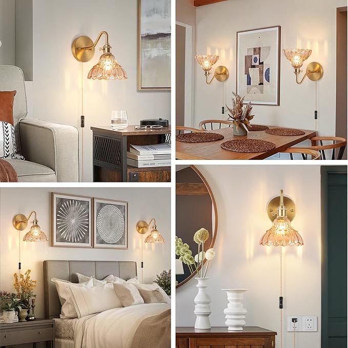 Plug-in Wall Sconce (Set of 2), Vintage Wall Decorative Lamp with Amber Glass Shade, Indoor Brass Plug-in Wall Sconce for Bedroom, Living Room, Bathroom, Hallway