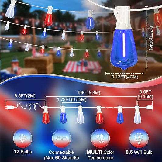 LAMPHOME 26Ft ST38 Red White Blue LED String Lights, Patriotic Red White and Blue Lights Outdoor Shatterproof Patio Lights, 12+1 Edison Bulbs 4th of July Lights for Independence Day Decor