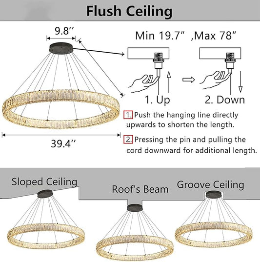 HAIXIANG Modern Crystal Chandelier Dimmable Large Ring LED Pendant Lights Adjustable Glam Chandeliers Lighting Fixtures for Dining Room Living Room Bedroom Black Light
