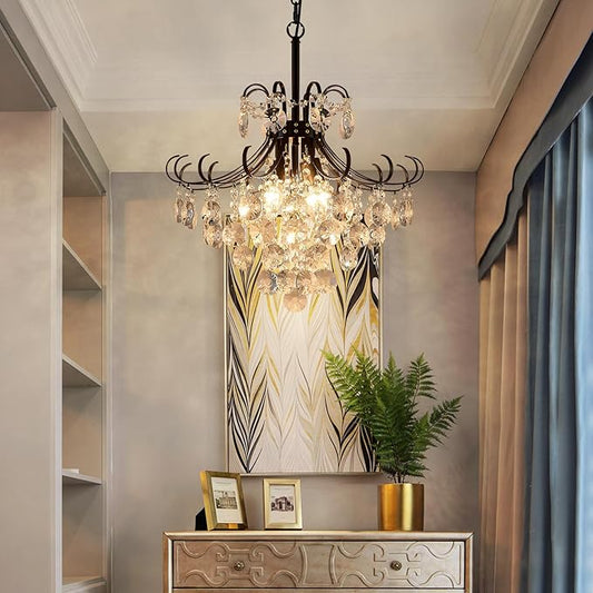 Black Crystal Chandeliers, 4-Light Modern Dining Room Light Fixture, Living Room Bedroom Pendant Ceiling Lamp, Industry Adjustable Hanging Light, H 17.7'' x W 18.1''