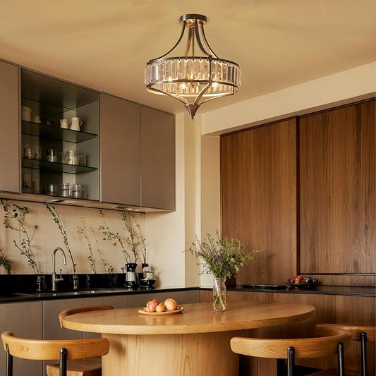 Crystal Chandelier Ceiling Light Fixture, Modern Round Brushed Nickel Dining Room Chandeliers for Kitchen Hallway Bedroom Foyer, 16 Inch Rustic Farmhouse Semi Flush Ceiling Light, 4-Light