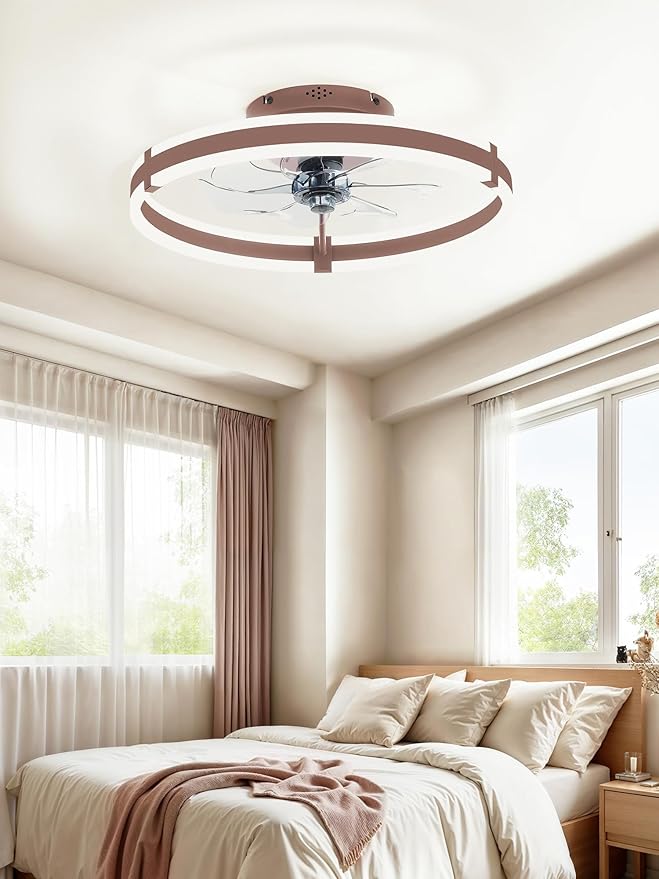 ZMISHIBO Ceiling Fans with Lights and Remote, 19.7'' Low Profile Ceiling Fan, 3000-6000K Dimmable Modern Flush Mount LED Fan Light, 6 Wind Speeds, Brown Fandelier Ceiling Fans for Bedroom