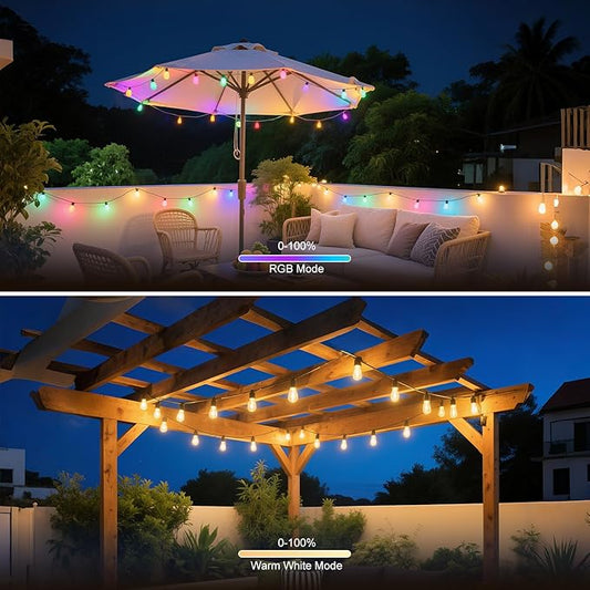 Outdoor String Lights 96ft(2×48ft), Patio Lights with 30 Dimmable LED Bulbs, RGBW & Warm White, IP67 Waterproof, Shatterproof, APP & Remote Control, Color Change, Customizable for Backyard