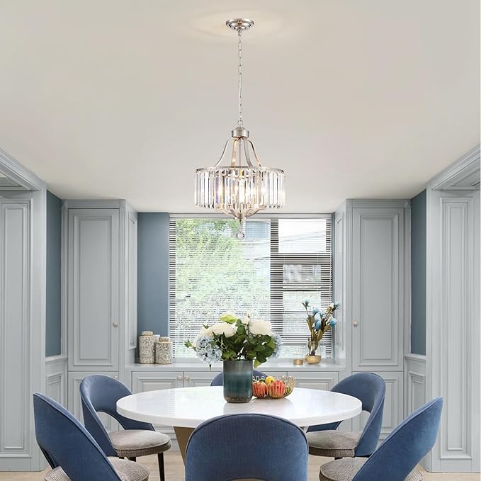 Crystal Chandelier - Modern Pendant Light - 15.7 Inch Diameter Height Adjustable Brushed Nickel Ceiling Light - Ideal for Dining Rooms, Kitchens, Living Rooms