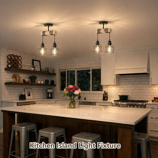 2 Light Farmhouse Ceiling Light,Pendant Light Kitchen Island,Dining Room Chandelier Light Fixture Over Table,Rustic Hanging Light for Kithen,Dining Room,Real Wood,Black Metal Cage
