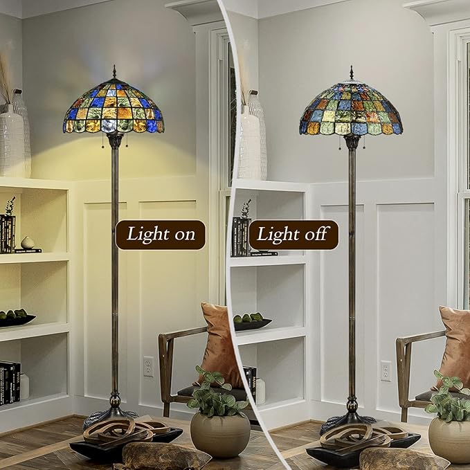 Tiffany Floor Lamp,Crystal Square Style Stained Glass Floor Lamp,Tiffany Style Standing Lamp W16H70 Inch Antique Pole for Living Room, Study,Office Lighting and Reading,Zipper Switch Control
