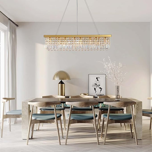 7PM Rectangle K9 Crystal Chandelier Modern Gold Crystal Chandelier Rectangular Pendant Lighting Fixture for Dining Room Kitchen Island Bedroom L47'' x W10'' x H10''