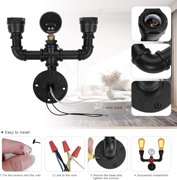 XEYOU Retro Wall lamp Vintage Industrial Steampunk Wall Sconce 2 Lights Metal Water Pipe Wall Mounted Light Fixture E26 Edison Bulb for Cafe Bar Restaurant Bedroom Livingroom