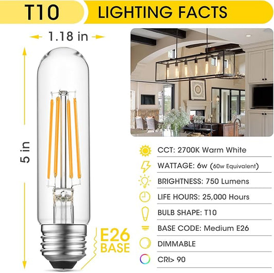 Gozelux Dimmable E26 LED Bulb 6W Equal 60 Watt Warm White 2700K E26 Edison AC120V 750LM Tubular T9 T10 LED Light Bulb for Rustic Pendant, Chandeliers, Wall Sconces, Pack of 8
