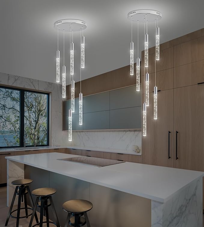 Modern High Ceiling Crystal Chandelier 7-Lights, Spiral LED Raindrop Foyer Pendant Lighting, Bubble Staircase Living Room Hanging Light Fixture Flush Mount Chrome