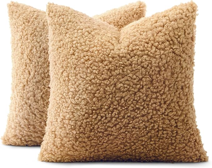 MIULEE Pack of 2 Throw Pillow Covers 20x20 Inch Neutral Camel Faux Fur Decorative Sherpa Pillow Covers Fuzzy Accent Soft Sheepskin Fleece Cushion Cases for Boho Home Decor Couch Living Room Bed