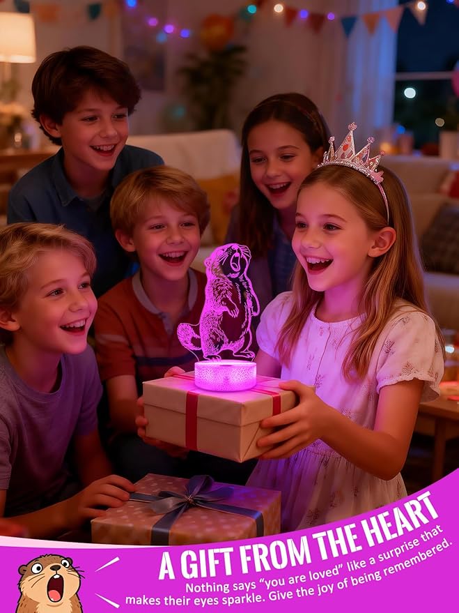 Lampeez Groundhog 3D Night Light for Kids, LED 16 Colors Remote Control Changing Touch Dimmable Table Desk Lamp, Cute Animal Gifts for Groundhog Lovers Animal Fans