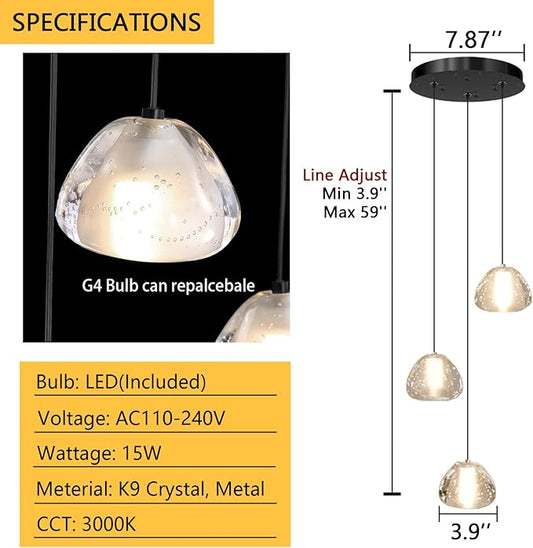 Modern Chandelier Crystal Pendant Light for Kitchen Island Dining Room Bedroom Hallway Black
