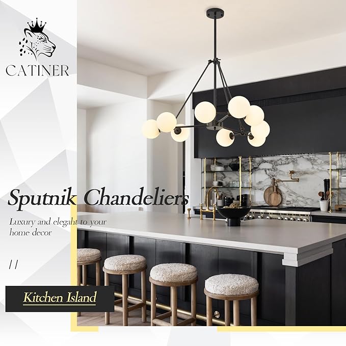 CATINER L40” Black Sputnik Chandeliers 9-Lights Mid Century Chandelier Modern Ceiling Pendant Light Fixtures with Milk Glass Globe Shades for Living Dining Room Foyer Entryway Kitchen Bedroom